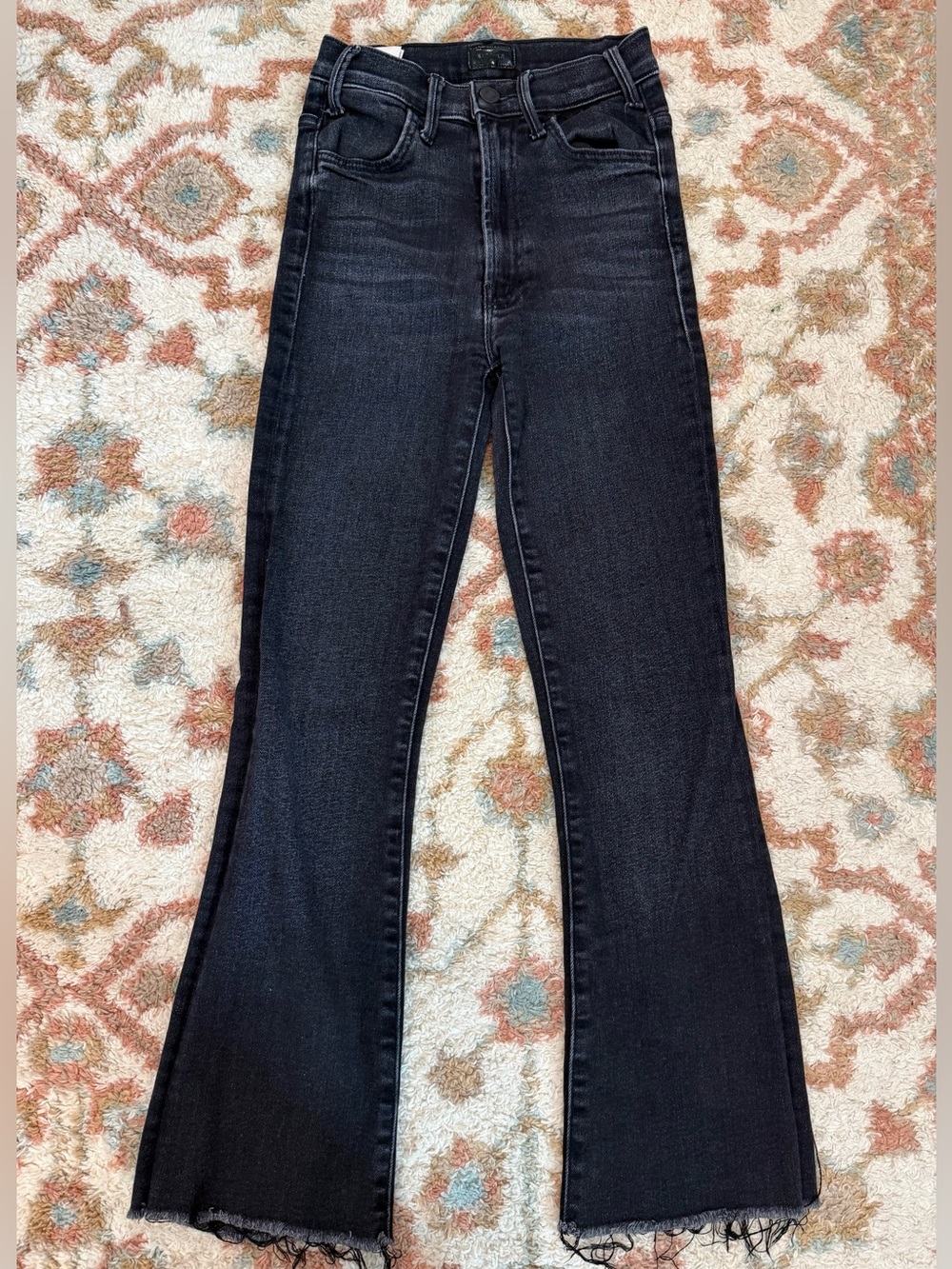 MOTHER High Rise Frayed Hem Flare Jeans Black Wash Size 23 - Picture 2 of 5
